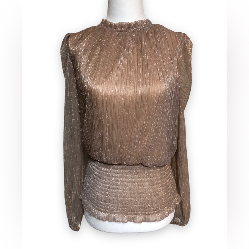 Joie Metallic Ruffle Neck Top with Sheer Sleeves
